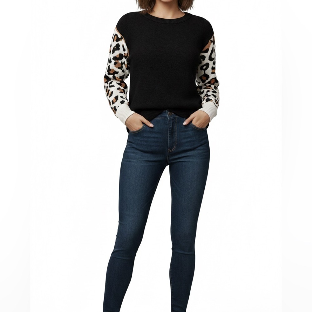 Angashion Women's Leopard Print Sleeve Sweater Black Crewneck Knit Top Size S